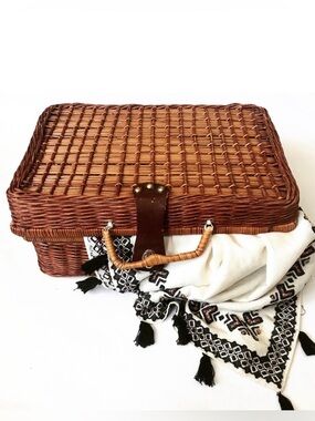 Vintage Rattan Wicker Suitcase Picnic Basket